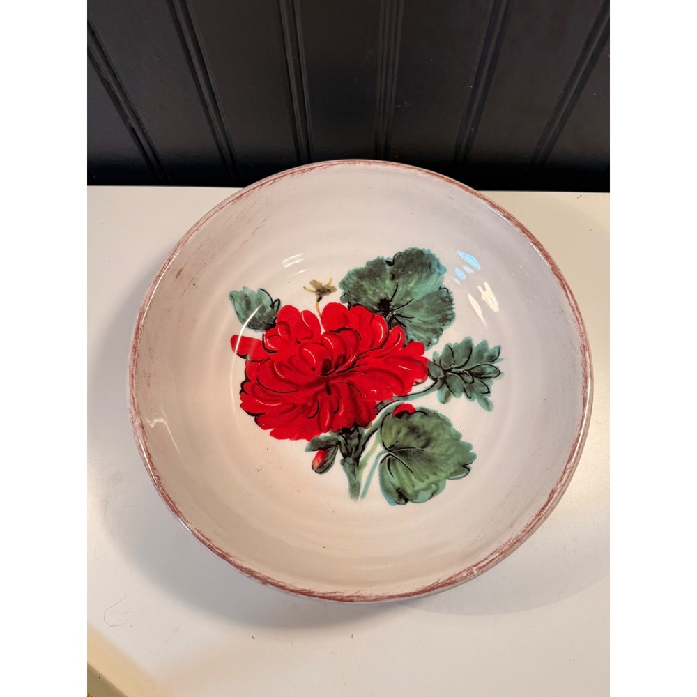 G&B Home Italy Handcrafted Ceramic Pasta Bowl Red Geranium Floral 9 Inch